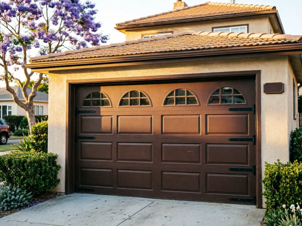 A brown garage door with arched windows and decorative hinges on a stucco house.