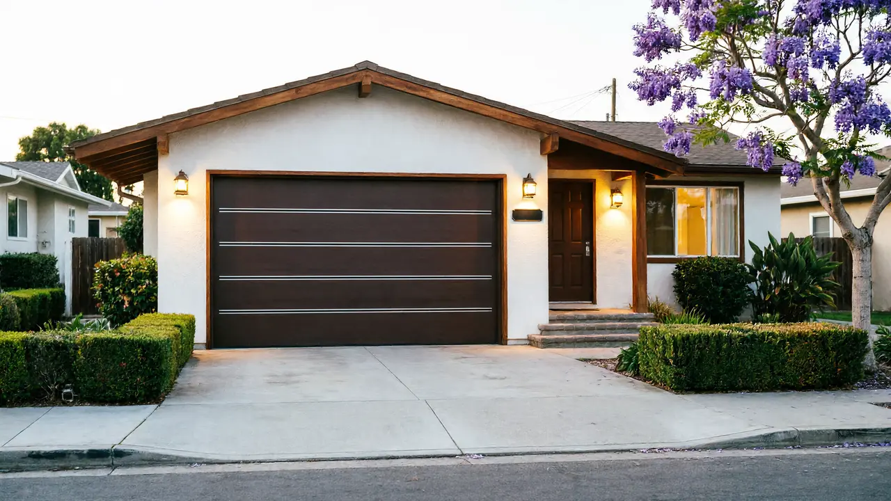 A white house with a brown garage door and a purple flowering tree.
