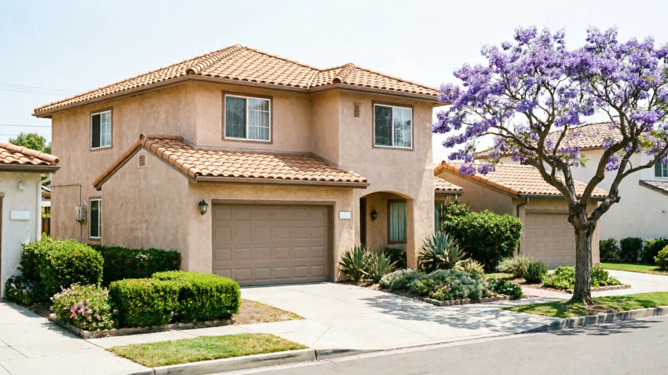 A two-story stucco house with a brown garage door and a purple flowering tree.