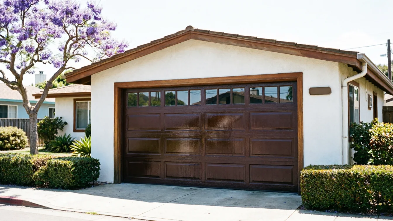 A brown garage door with windows is on a white house with a purple tree.
