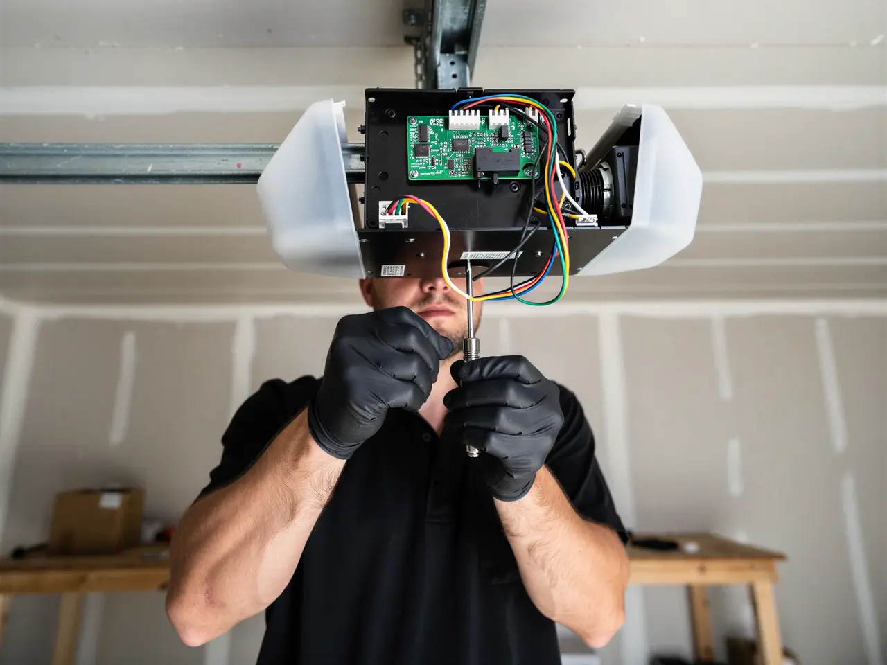 A technician in black gloves works on an open garage door opener with a screwdriver.